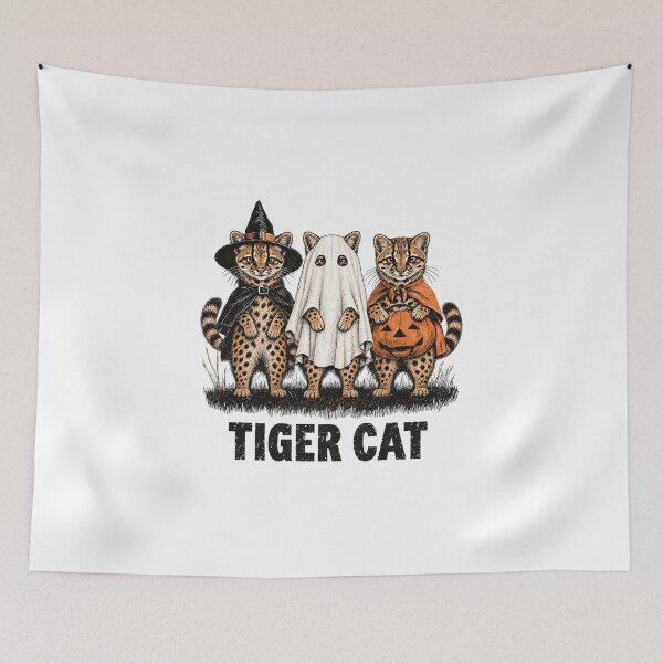 Item preview, Three Tiger Cat Halloween Costumes Witch Ghost Pumpkin Vintage designed and sold by CozyCubs-Art.