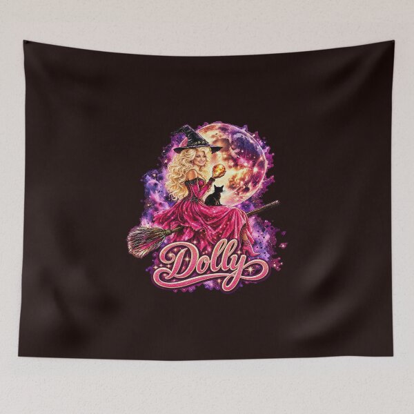Item preview, Dolly Parton Halloween Witch Riding Broomstick Pink Glitter Graphic designed and sold by CozyCubs-Art.