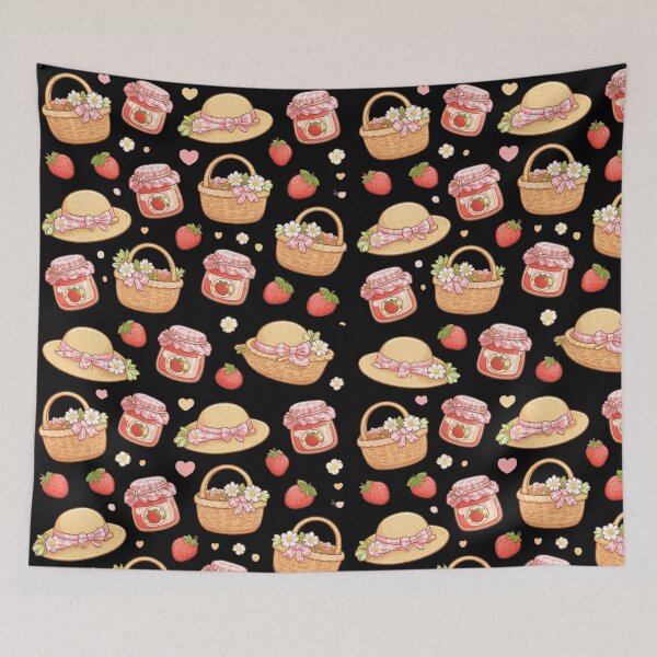 Item preview, Cute Cottagecore Strawberry Picnic Basket Jam Jar Pattern designed and sold by FestivityFinds.