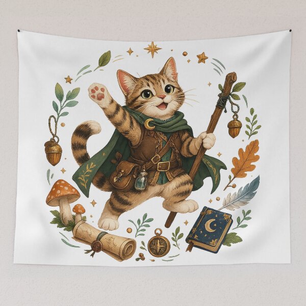 Item preview, Cute Wizard Cat Adventurer Woodland Fantasy RPG Illustration Art Design designed and sold by inkoutninja.