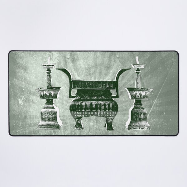 Item preview, Antique Chinese Bronze Altar Set Censer Candlesticks in Green designed and sold by Ghoul Enterprises.