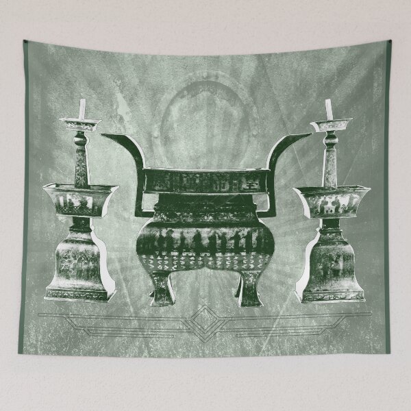 Item preview, Antique Chinese Bronze Altar Set Censer Candlesticks in Green designed and sold by Ghoul Enterprises.