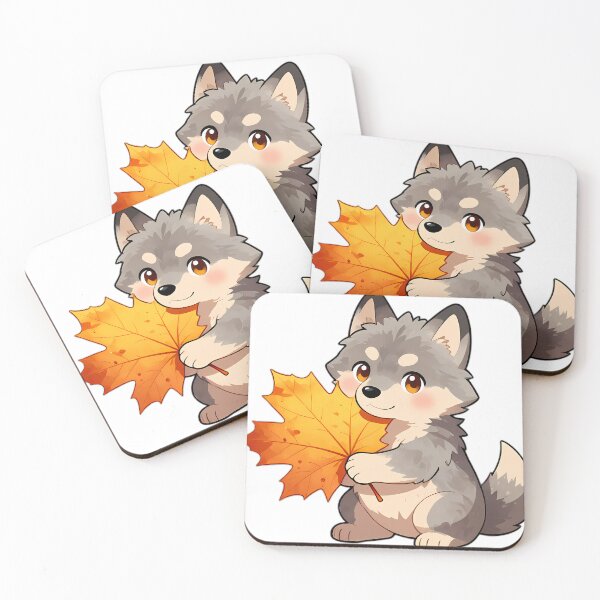 Item preview, Cute Gray Wolf Puppy Hugging Golden Autumn Maple Leaf designed and sold by pumsquare.