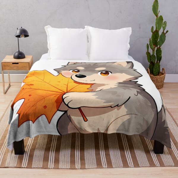 Item preview, Cute Gray Wolf Puppy Hugging Golden Autumn Maple Leaf designed and sold by pumsquare.