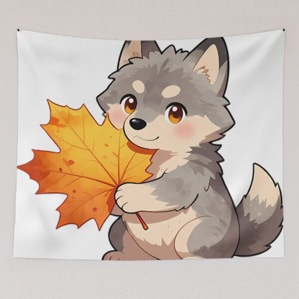 Item preview, Cute Gray Wolf Puppy Hugging Golden Autumn Maple Leaf designed and sold by pumsquare.