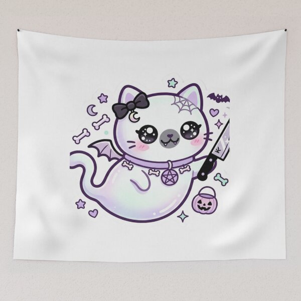 Item preview, Cute Ghost Cat With Knife - Funny Spooky Halloween Kawaii Sticker designed and sold by Artistprinter.