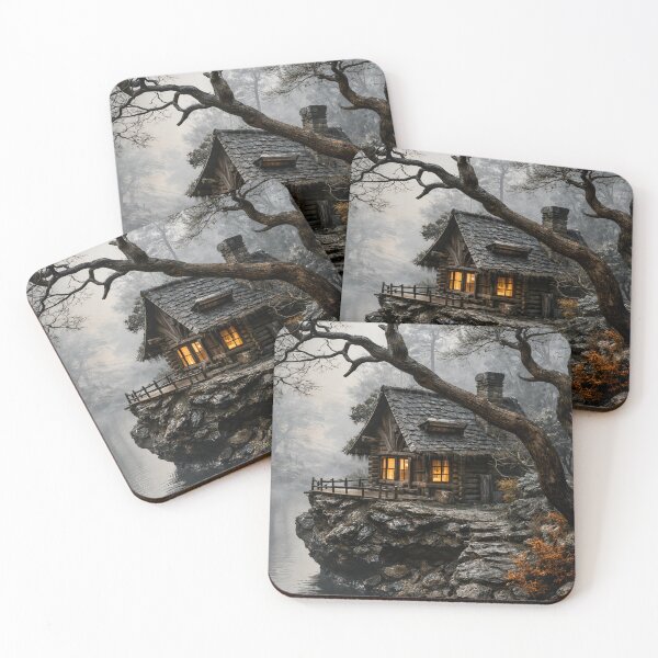 Item preview, Cozy Log Cabin by Misty Lake – Rustic Winter Forest Cottage Art Print designed and sold by Kaleidoscope Print.