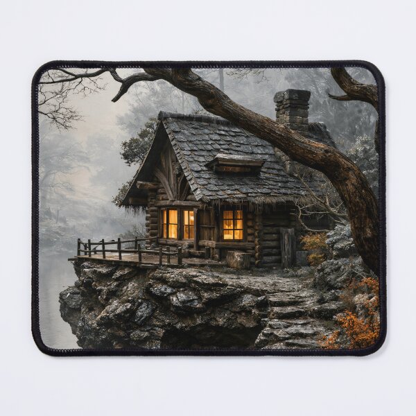 Item preview, Cozy Log Cabin by Misty Lake – Rustic Winter Forest Cottage Art Print designed and sold by Kaleidoscope Print.