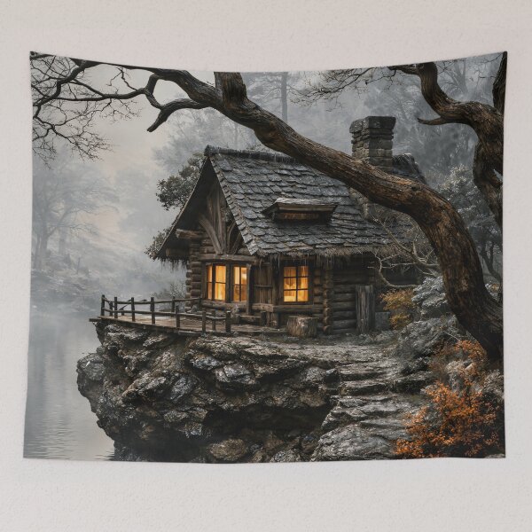 Item preview, Cozy Log Cabin by Misty Lake – Rustic Winter Forest Cottage Art Print designed and sold by Kaleidoscope Print.