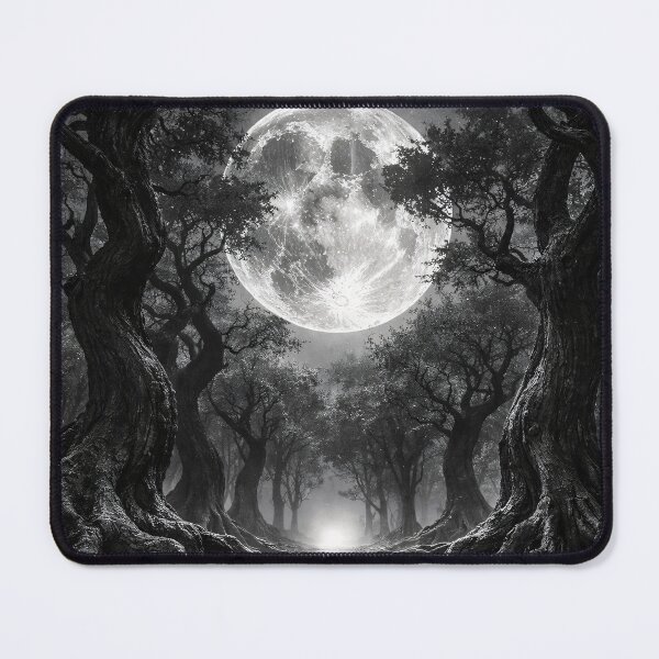 Item preview, Full Moon Over Ancient Black Forest – Gothic Monochrome Fantasy Landscape Art Print designed and sold by Kaleidoscope Print.