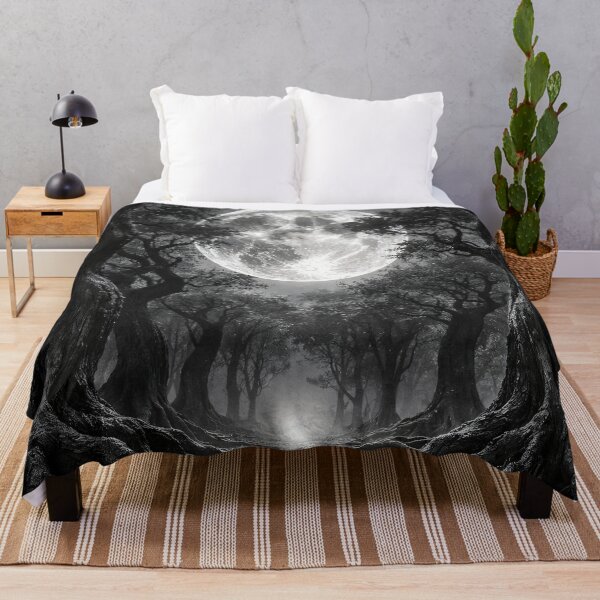 Item preview, Full Moon Over Ancient Black Forest – Gothic Monochrome Fantasy Landscape Art Print designed and sold by Kaleidoscope Print.