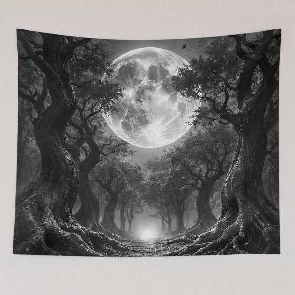 Item preview, Full Moon Over Ancient Black Forest – Gothic Monochrome Fantasy Landscape Art Print designed and sold by Kaleidoscope Print.