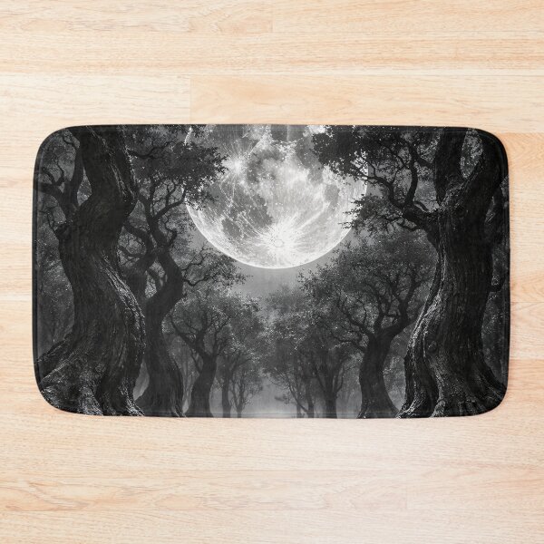 Item preview, Full Moon Over Ancient Black Forest – Gothic Monochrome Fantasy Landscape Art Print designed and sold by Kaleidoscope Print.