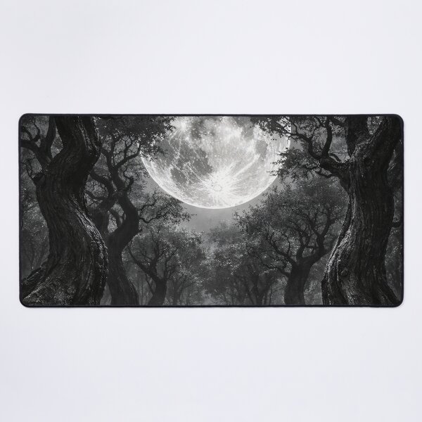 Item preview, Full Moon Over Ancient Black Forest – Gothic Monochrome Fantasy Landscape Art Print designed and sold by Kaleidoscope Print.