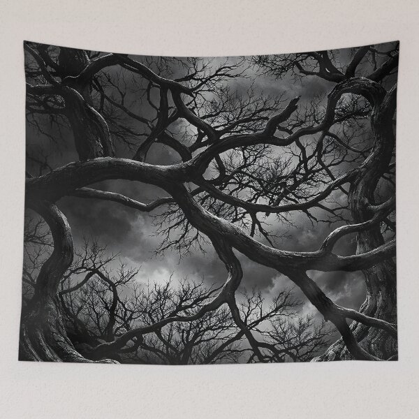 Item preview, Twisted Black Trees Under Stormy Sky – Gothic Dark Forest Fantasy Art Print designed and sold by Kaleidoscope Print.
