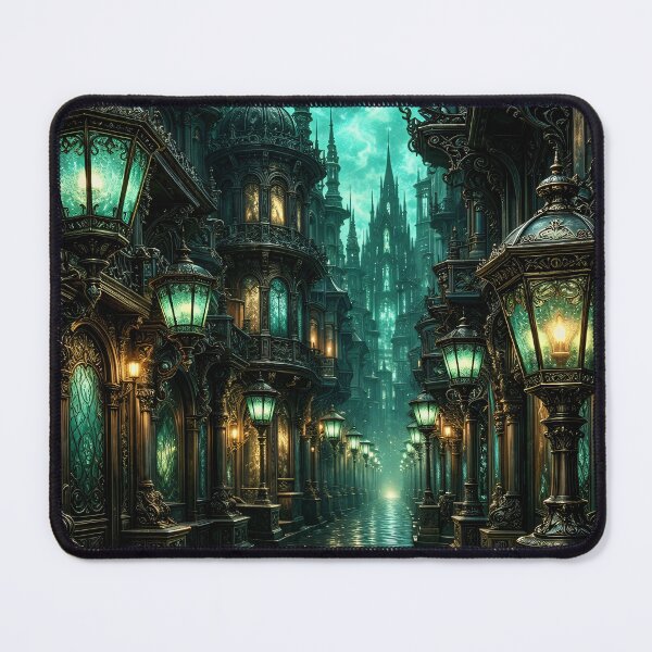 Item preview, Emerald Gothic City with Glowing Lanterns – Dark Fantasy Victorian Street Art Print designed and sold by Kaleidoscope Print.