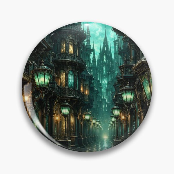 Item preview, Emerald Gothic City with Glowing Lanterns – Dark Fantasy Victorian Street Art Print designed and sold by Kaleidoscope Print.