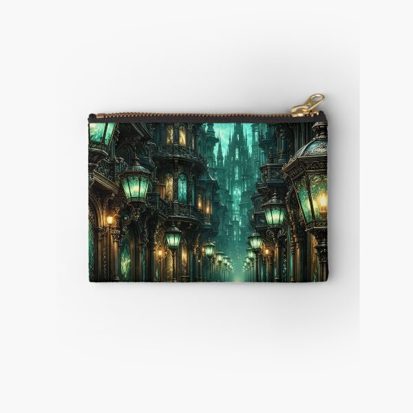Item preview, Emerald Gothic City with Glowing Lanterns – Dark Fantasy Victorian Street Art Print designed and sold by Kaleidoscope Print.