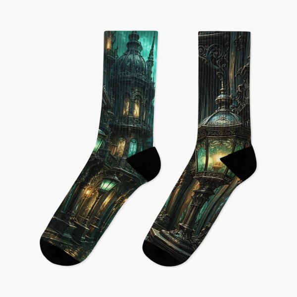 Item preview, Emerald Gothic City with Glowing Lanterns – Dark Fantasy Victorian Street Art Print designed and sold by Kaleidoscope Print.