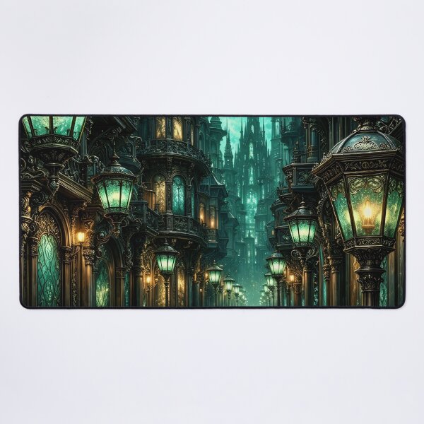 Item preview, Emerald Gothic City with Glowing Lanterns – Dark Fantasy Victorian Street Art Print designed and sold by Kaleidoscope Print.