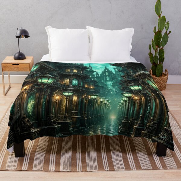 Item preview, Emerald Gothic City with Glowing Lanterns – Dark Fantasy Victorian Street Art Print designed and sold by Kaleidoscope Print.