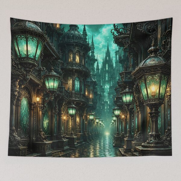 Item preview, Emerald Gothic City with Glowing Lanterns – Dark Fantasy Victorian Street Art Print designed and sold by Kaleidoscope Print.