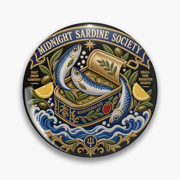 Item preview, Vintage Sardine Embroidery – Midnight Sardine Society Mediterranean Food Art designed and sold by Emoji Emblems.