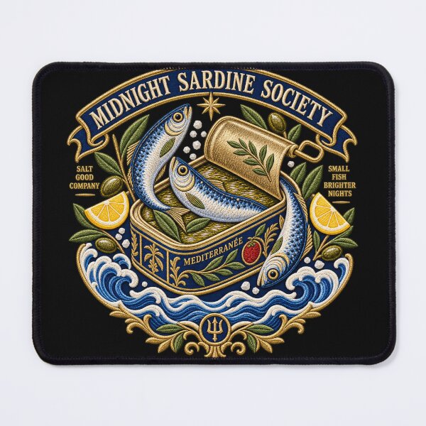Item preview, Vintage Sardine Embroidery – Midnight Sardine Society Mediterranean Food Art designed and sold by Emoji Emblems.