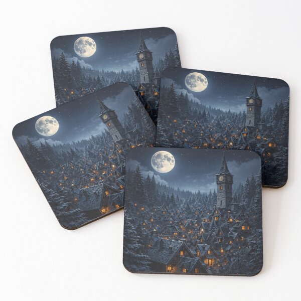 Item preview, Moonlit Winter Village with Clock Tower – Cozy Fantasy Snowy Night Art Print designed and sold by Kaleidoscope Print.