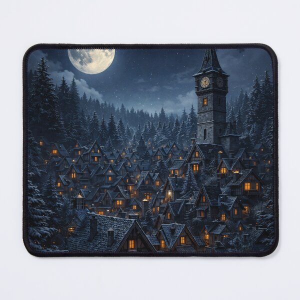 Item preview, Moonlit Winter Village with Clock Tower – Cozy Fantasy Snowy Night Art Print designed and sold by Kaleidoscope Print.
