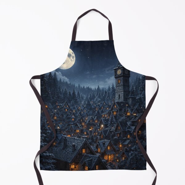 Item preview, Moonlit Winter Village with Clock Tower – Cozy Fantasy Snowy Night Art Print designed and sold by Kaleidoscope Print.