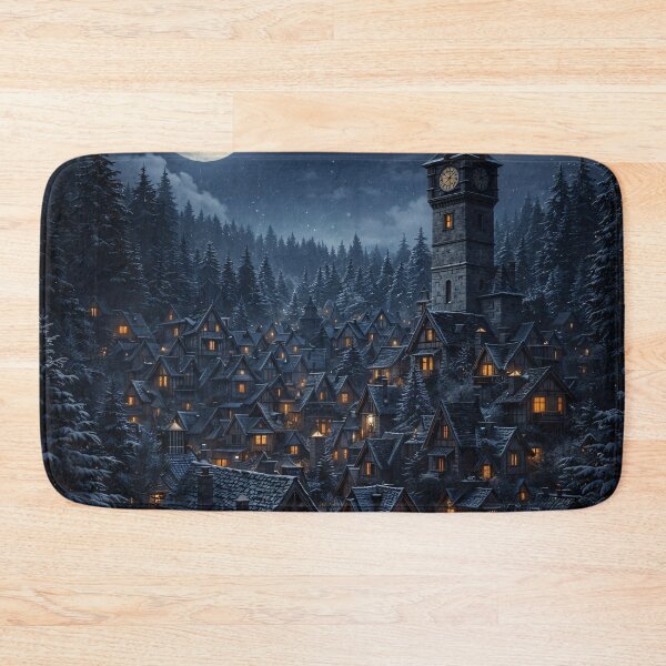 Item preview, Moonlit Winter Village with Clock Tower – Cozy Fantasy Snowy Night Art Print designed and sold by Kaleidoscope Print.