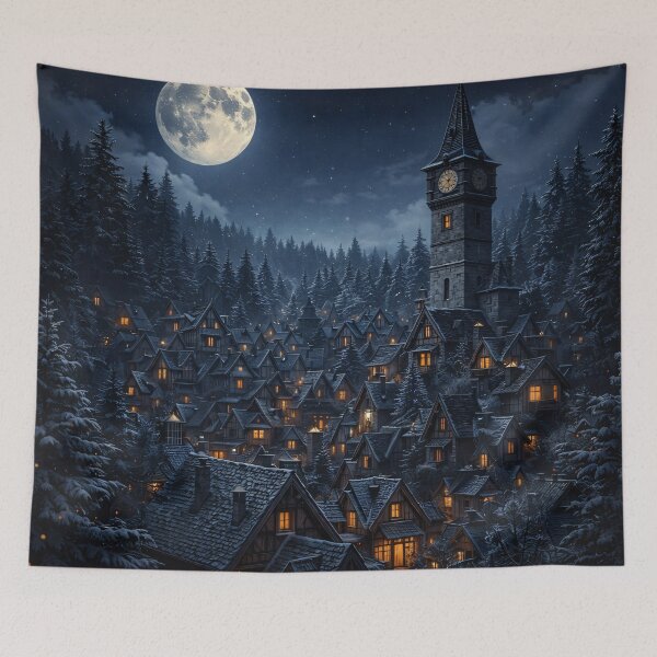 Item preview, Moonlit Winter Village with Clock Tower – Cozy Fantasy Snowy Night Art Print designed and sold by Kaleidoscope Print.