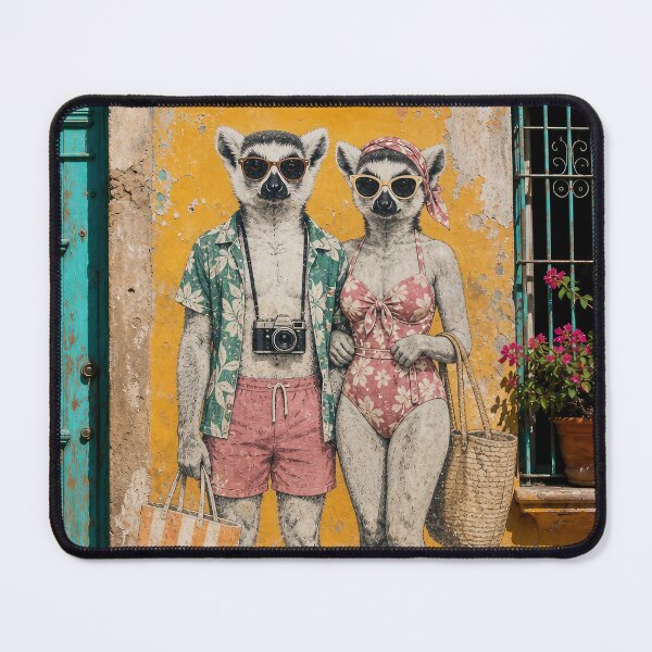 Item preview, Lemur Beach Tourists Retro Art, Mexican Wall Street Art, Funny Lemur Summer Design, Vintage Beach Illustration designed and sold by Jandedan.
