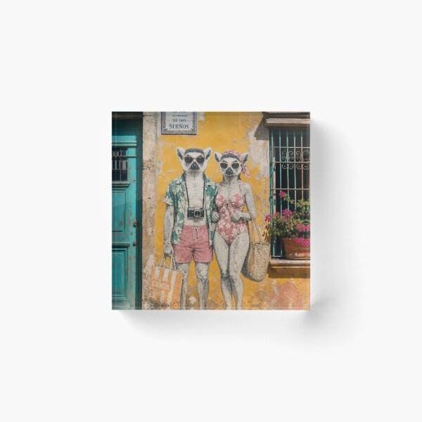 Item preview, Lemur Beach Tourists Retro Art, Mexican Wall Street Art, Funny Lemur Summer Design, Vintage Beach Illustration designed and sold by Jandedan.