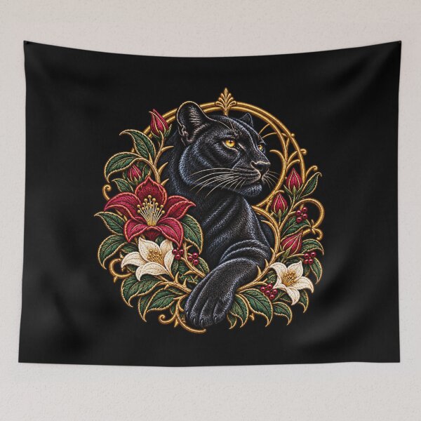 Item preview, Black Panther Embroidery – Luxury Botanical Art Nouveau Wildlife Crest designed and sold by Emoji Emblems.