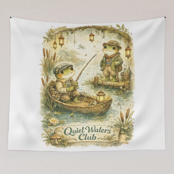 Item preview, Quiet Waters Club Cottagecore Frog Fishing Woodland Storybook Art Design designed and sold by inkoutninja.