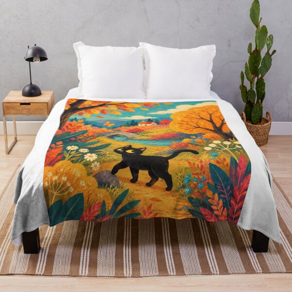 Item preview, Cozy Autumn Stroll: Cute Black Cat in Colorful Fall Landscape designed and sold by PurrfectHome.