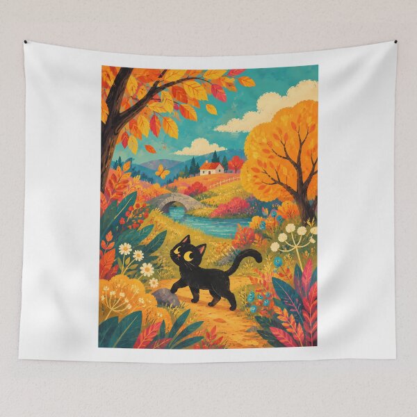Item preview, Cozy Autumn Stroll: Cute Black Cat in Colorful Fall Landscape designed and sold by PurrfectHome.