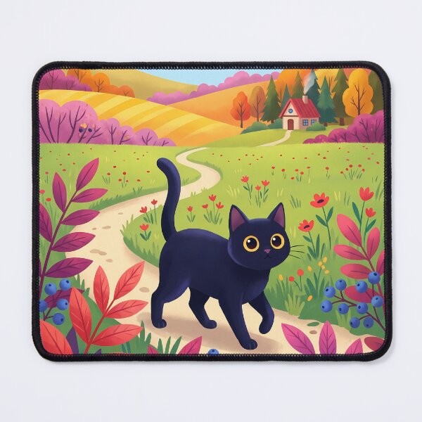 Item preview, Whimsical Black Cat in Colorful Autumn Countryside designed and sold by PurrfectHome.