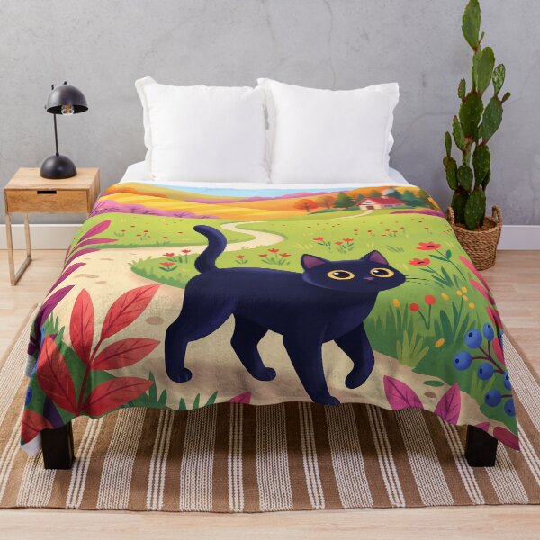 Item preview, Whimsical Black Cat in Colorful Autumn Countryside designed and sold by PurrfectHome.