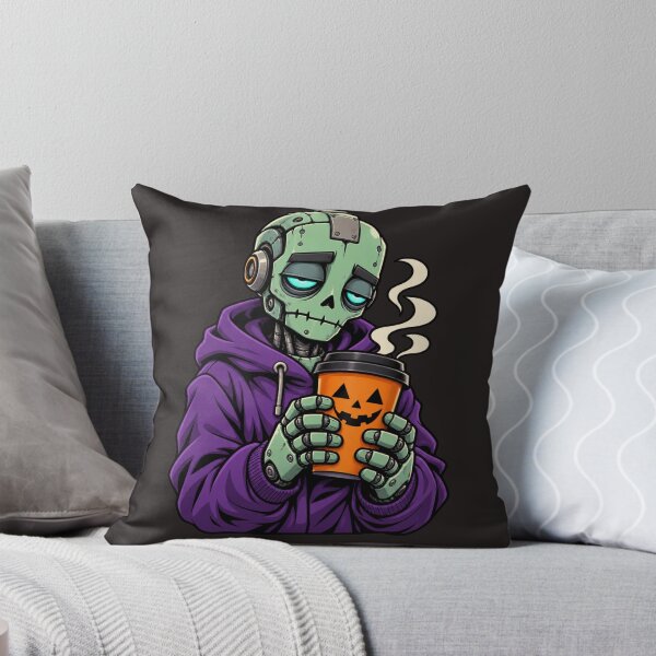 Item preview, Tired Cyber Zombie with Pumpkin Coffee – Halloween designed and sold by Thaivi Design.