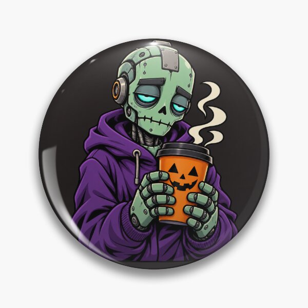 Item preview, Tired Cyber Zombie with Pumpkin Coffee – Halloween designed and sold by Thaivi Design.