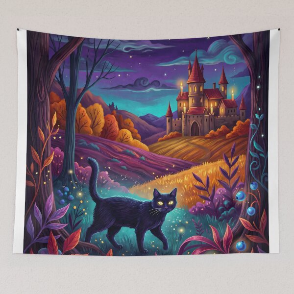 Item preview, Enchanted Autumn Night: Magical Black Cat & Glowing Castle designed and sold by PurrfectHome.