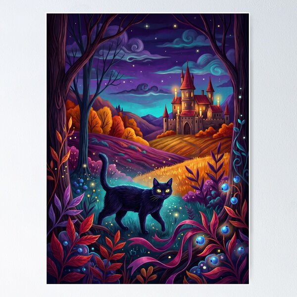 Item preview, Enchanted Autumn Night: Magical Black Cat & Glowing Castle designed and sold by PurrfectHome.