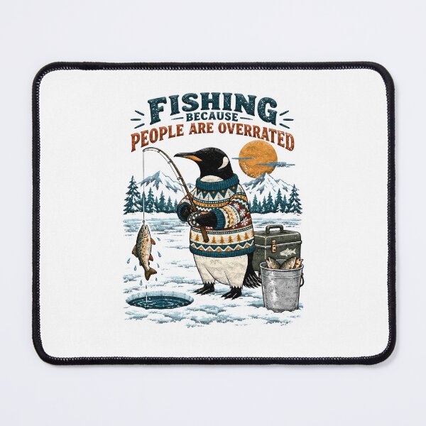 Item preview, Penguin wearing a sweater ice fishing with a caught fish designed and sold by BDLuck2021.