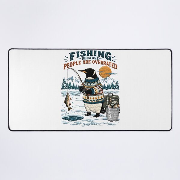 Item preview, Penguin wearing a sweater ice fishing with a caught fish designed and sold by BDLuck2021.