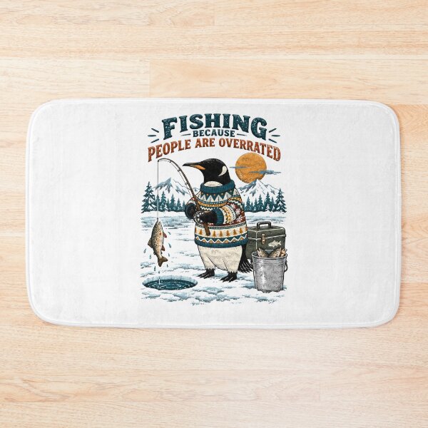 Item preview, Penguin wearing a sweater ice fishing with a caught fish designed and sold by BDLuck2021.