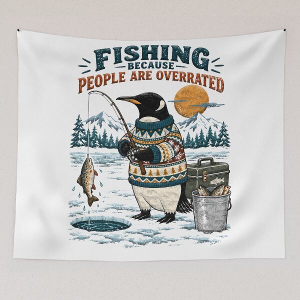 Item preview, Penguin wearing a sweater ice fishing with a caught fish designed and sold by BDLuck2021.