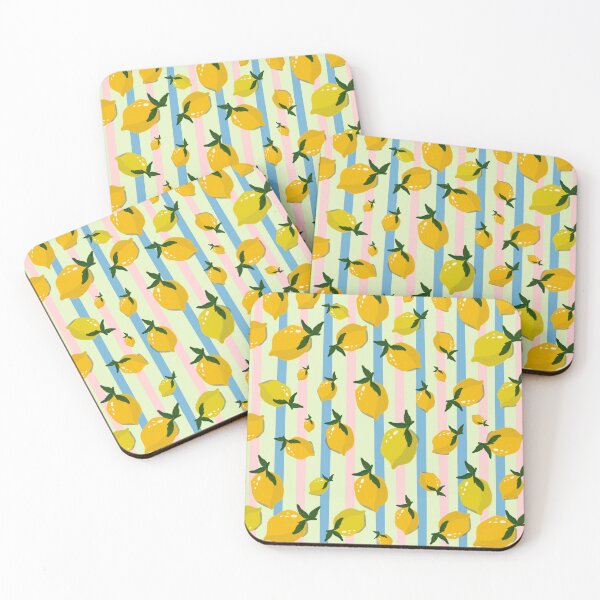 Item preview, Fresh yellow lemons seamless pattern on colorful pastel vertical stripes background designed and sold by Manyart13031992.